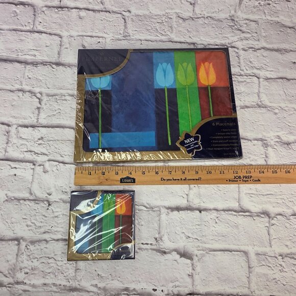 Vtg Pimpernel Premier Collection 6 Placemats & Coasters Set Blue Tulips Design - Picture 11 of 14